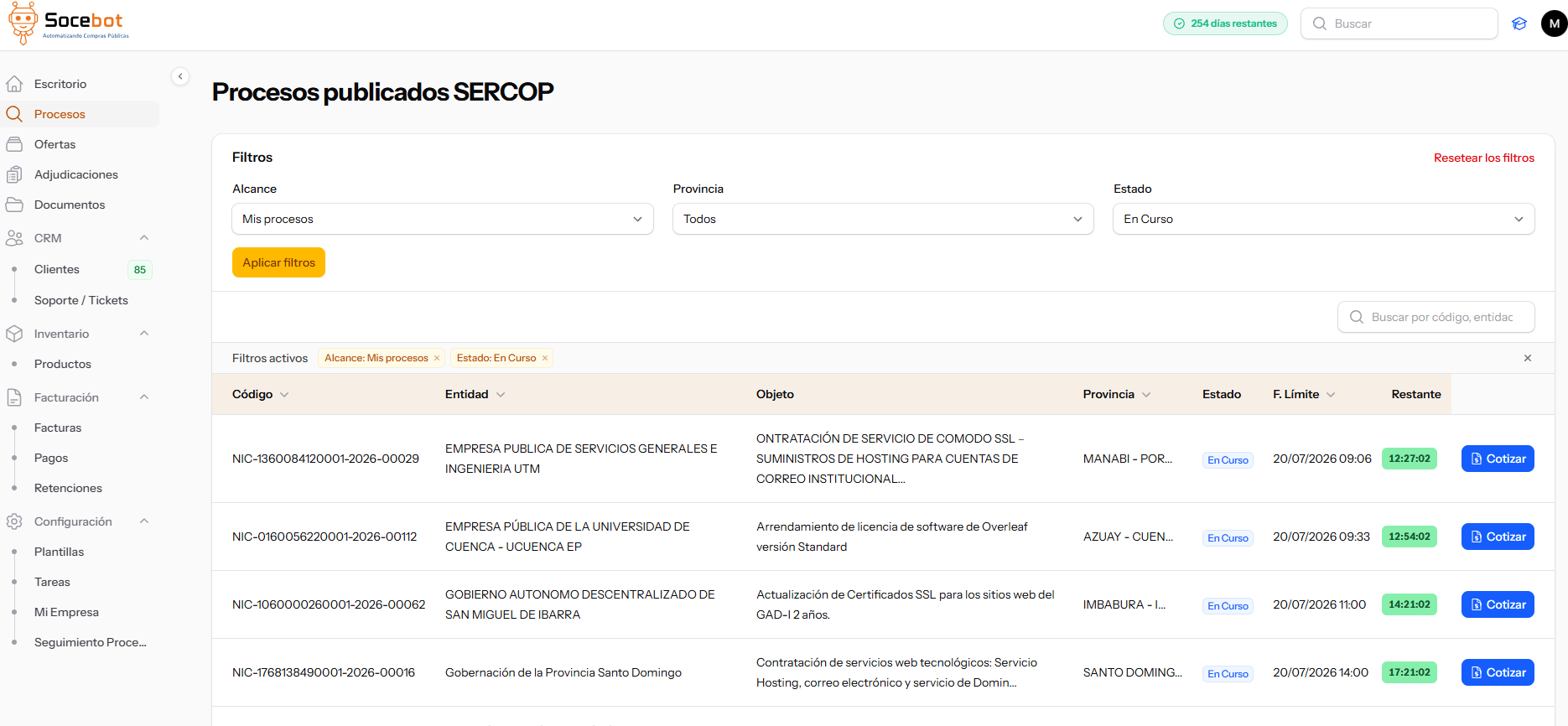 Pantalla de Socebot con procesos SERCOP filtrados para una empresa